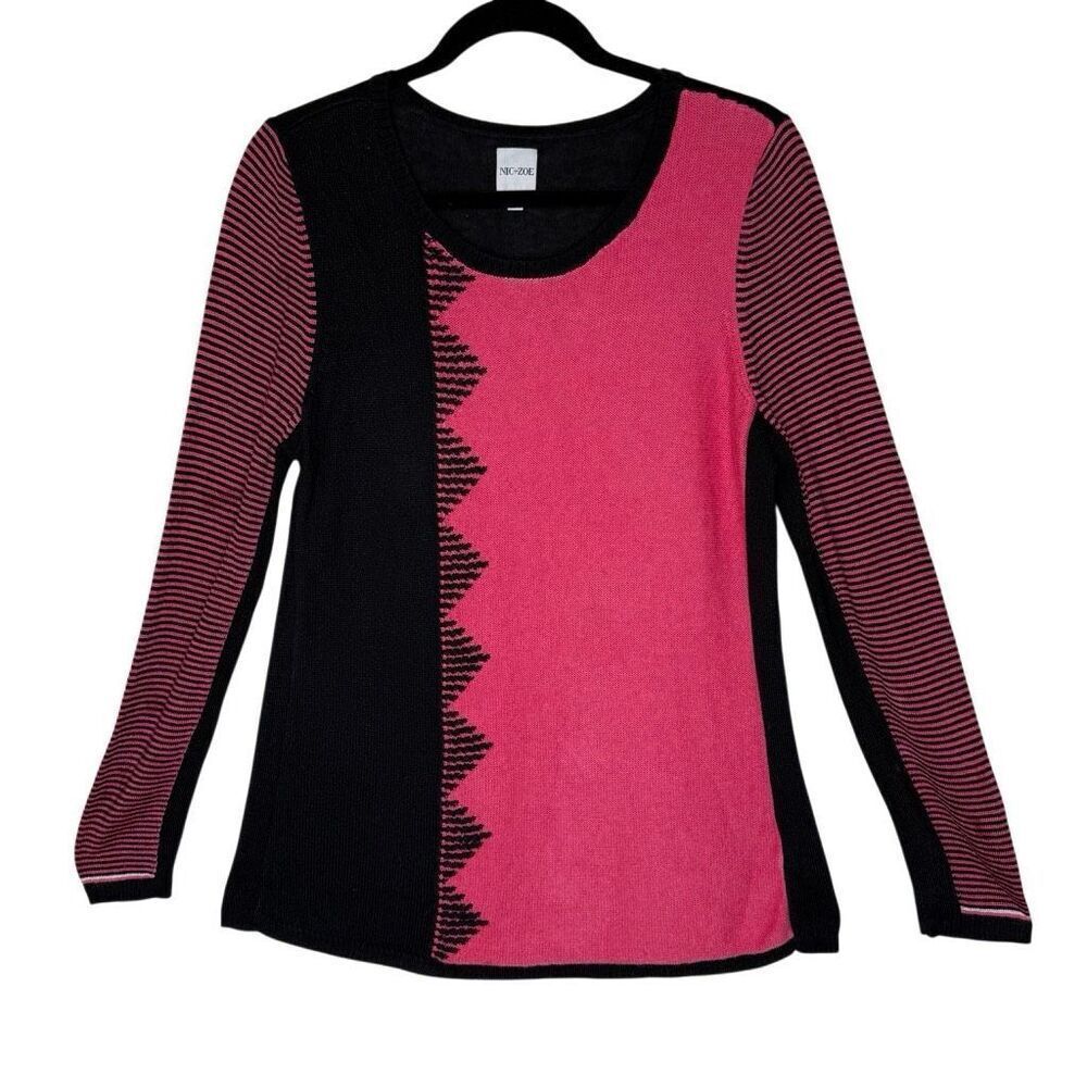 Nic+Zoe Outer Angle Strawberry Pink & Black Preppy Pull Over Sweater Size L - Picture 2 of 13